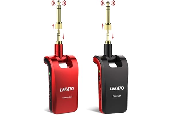 LEKATO Système de guitare sans fil Émetteur et récepteur de guitare stéréo sans fil 1/4"et 1/8" Fiches 2 en 1 6 canaux 2,4 GHz Rechargeable pour guitare électrique, basse, clavier