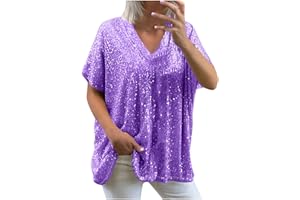 SAXREL Sequin Tops for Women UK Short Sleeve Sexy V Neck Sparkly Top Loose Tunic Summer Pullover T Shirt Womens Glittery Tops Solid Color Shimmer Ladies Party Tops Womens Glitter Top Shiny Blouses
