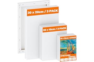 Koncci 9 Pack Stretched Canvas for Painting, Blank Canvas Set (30x20 20x15 15x10cm), Acid-Free/Cotton/280GSM/Triple Primed Canvases for Acrylic, Oil Paint & Wet Art Media Artwork, Kids Beginner Artist