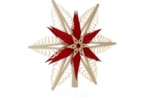Rudolphs Schatzkiste Tree Decoration Christmas Tree Topper Centre with 2 Stars Red (Both Sides) W x H x D = 30 x 28 x 4.5 cm Christmas Tree Top Wooden Decoration Wood Seiffen Ore Mountains Decoration
