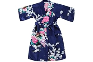 FAYBOX BRIDAL Girls' Satin Kimono Robe - Peacock and Blossoms Bathrobes Dressing Gown for Spa Wedding Birthday