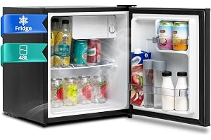 SMETA 46 l minikylskåp, litet kylskåp, tyst, 39 dB, dryckeskärl 6-stegs termostat 0–10 °C, med utbytbart dörrstopp för hem, kontor, camping, sovrum