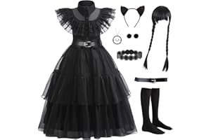 VIPten Wednesday Dress for Kids Girls, Addams Family Cosplay Outfit Gothic Costumes for Halloween Birthday School Party