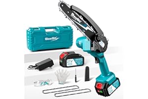 Mini piła łańcuchowa z akumulatorem 4000 mAh, Seesii 15 cm mini piła łańcuchowa z automatycznym olejarką i 2 akumulatorami 2000 mAh, ręczna piła łańcuchowa, akumulator do sekatorów, nożyce do gałęzi,