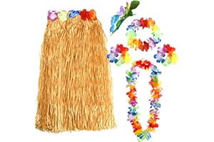 FEPITO Ensemble de jupes hawaïennes comprenant un collier à fleurs, un serre-tête, des bracelets, des jupes Luau pour enfants, costume hawaïen, fournitures de fête d'anniversaire Luau tropicale