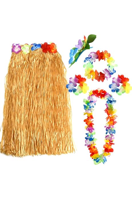 Costume Hawaiano Completo - Gonna Paglia, Ghirlanda Fiori, Braccialetti Per Feste Tropicali