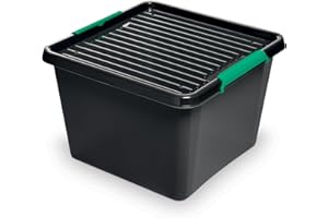 EDANTI Pudełko do przechowywania z pokrywką, organizer Eco Box, idealny do domu, biura, garażu, magazynu, pudełko do sortowania, pudełko plastikowe, czarne (32 l)