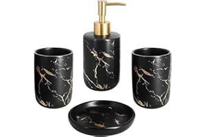 ‎BQSWYD Seifenspender Set, 4-teilig Bad Accessoires, Badzubehör Set,Inklusive Keramik Seifenspender/Seifenschale und 2 Zahnputzbecher, Stilvolles Badezimmer deko schwarz
