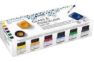 KREUL 16601 - Glass & Porcelain Set Clear, 6 x 20 ml in gelb, orange, rot, blau, grün und braun sowie ein Pinsel, transparente, glasklare Glas- und Porzellanmalfarbe auf Wasserbasis