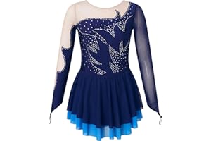 Doomiva Mädchen Eiskunstlauf Kleid Langarm Tanzkleid Glitzer Kürkleid Rollkunstlauf Kleid Wett­be­werb Tanzkostüm Tanzanzug
