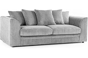 FURNISHINGS FOR LESS UK New Luxor Silver Fabric 3 Seater Sofa | Jumbo Cord Scatter Back Settee (Silver, 3 Seater)