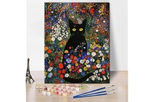 TISHIRON Abstrakcyjne malowanie według liczb, dla dorosłych, czarny kot siedzący w polu kwiatowym, "zrób to sam", malowanie według liczb, zestaw do malowania według liczb, zestaw do malowania według