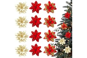 GNHG 12 Piezas Adornos para el árbol de Navidad, Flores Arbol Navidad, Aptos para Colgar y Decorar (Oro Rojo + Rojo + Oro)