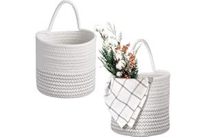 Hivexagon 2 Pack Hanging Woven Rope Storage Baskets with Handle - Wall Baskets 6 x 5.5 Inches Round Containers for Home Décor, Baby Nursery, Plants Toys Towels Organizer HG579