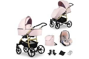 Kunert MATA Poussette landau bébé 3 en 1 nacelle siège-auto bébé 3en1 pousette 3 in 1 (3 en 1, rose + cadre d'or)