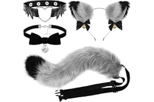XEPST Cat Cosplay Costume Set Cat Ears and Animal Tail Kit, Faux Fur Furry Fox Wolf Tail Kit with Ears and Bells Collar for Anime Fancy Dress Party Halloween Christmas Dress Up Carnival Role Play
