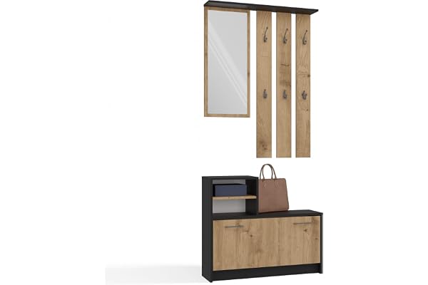 CDF Garderobsset, hallmöbler, set, vägggarderob med spegel och skoskåp, kompakt hallkombination med 6 krokar. skåp för 9 par skor, modern design, 85 x 24 x 180 cm – antracit/ek artisan