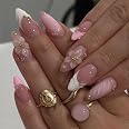 Auroriel 24 pièces ongles pressés moyen amande French tip rose perles dorées paillettes fleurs 3D gel faux ongles réutilisabl