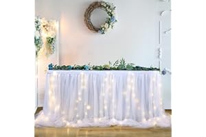 HBBMAGIC Jupe de Table en Tulle Blanc avec lumière, Jupes de Table en Tulle de 1,83 m de Long pour Fête de Mariage, Anniversaire, Baptême, Baby Shower, Brial Shower