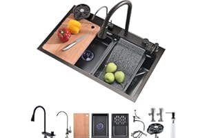 Bokaiya Évier de Cuisine, Cascade Multifonction Évier, Evier de Cuisine à Comptoir Raindance Professionnel Lavabo Acier Inoxydable avec Lave Verre & Robinet Extractiblen Haute Pression Noir 68x45 cm