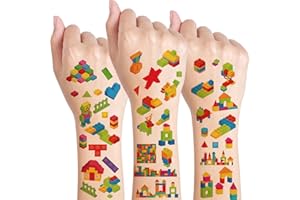 Qpout 10pcs Building Block Tatuaggi Temporanei per Bambini, Mattoni da Costruzione Colorati Forniture per Feste di Compleanno Decorazioni Tatuaggi Adesivi per Ragazzi Ragazze Regali Aula