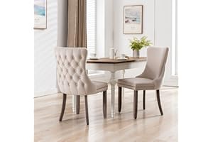 HomeTouch Lux Velvet Upholstered Kitchen Dining Chairs Set of 2 Tufted High Back Bedroom Office Chairs with Oak Wood Legs, Hand Made (2, Beige)
