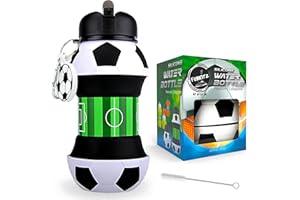 FUNKITZ BY ATOZ UK FUNKITZ Football Water Bottle - Collapsible Silicone Water Bottle with Football Keyring, Spout Cleaning Brush - 550ml - Football Gifts for Boys, and Girls