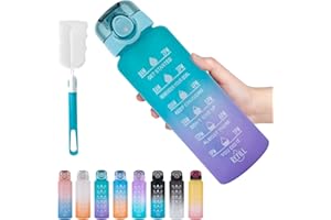 VARKDA Bouteille 1l, Gourde de sport-[BPA-free Tritan], 1000ml Gourde de motivation avec paille et horodateur - Gourde anti-fuite pour le vélo, le camping, la gym (Vert/Violet)