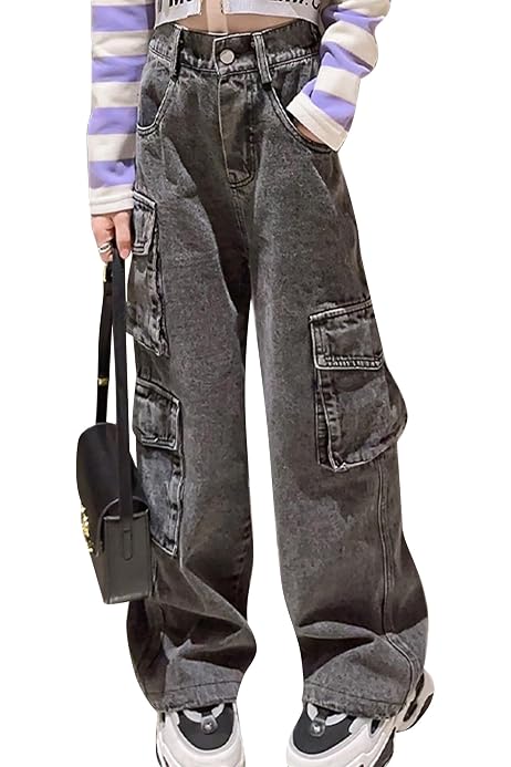 Jean Cargo Fille Rétro Jambe Large - Taille élastique - Style Y2K - Pour 5-15 Ans - Coton Confortable - Pour école, Sortie - 9