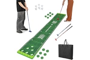 COSTWAY mata do gry w golfa 332 x 50 cm, zieleń do putta z 2 regulowanymi putterami, 6 piłkami i 12 osłonami dołków, przenośna mata do golfa do użytku na zewnątrz i wewnątrz, mata treningowa do
