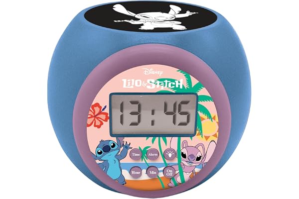Lexibook, Disney Stitch, Réveil-projecteur avec Fonction Alarme et répétition Snooze, veilleuse avec minuterie, écran LCD, à Piles, Bleu, RL977D