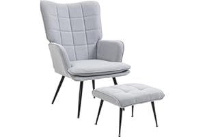 HOMCOM Armchair with Footstool, Living Room Chair, Linen Accent Chair for Bedroom, Home Study, Light Grey