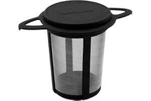 Fackelmann Filtro de Té Permanente, Infusionador con Tapa y Asas, Infusor para Té, Colador para Té de Acero Inoxidable y Plástico, Negro, 9x9x7 cm, 1 ud.