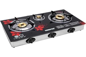 Geepas Gas Cooker, 8mm Tempered Glass Top, GK6759 | Triple Burner Gas Stove | Stainless Steel Frame & Tray | Japanese Piezo | Iron Mixing Tube