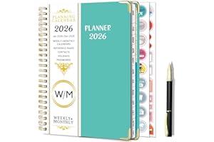 NEYSA Agenda 2026 Semainier Spirale de Janvier à Décembre (12 mois) A5 Agenda Scolaire semainier et mensuel Avec Autocollants de plan, Stylo,Onglets Mensuels, pochette (Bleu)
