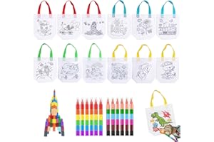 Idota Kit di 12 Borsette da Colorare Bambini con 12 pezzi di Pastelli a Cera impilabili(12 colori in totale), Regalini Fine Festa Compleanno Bambino, Pensierini per Bambini Dopo Festa