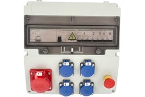 EDO, Distribuidor de energía para obras compatible con Schneider para protección ASTAT 397 Plus IP65 16A/5P, 4x200/250V SCHUKO IP44, disparador de sobretensión iMX, EDO777397