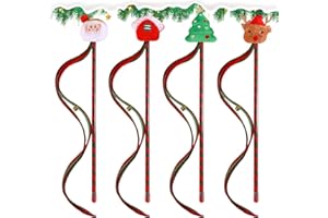 PORUPAEL 4pcs Christmas Cat Toys Xmas Cat Wand Toy Interactive Cat Teaser Wand Toys with Bells Santa Claus Christmas Hat Christmas Tree Christmas Elk Cat Wand Stick Funny Cat Interactive Toys