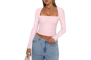 YILEEGOO Women Y2K Long Sleeve Tops Sexy Low Cut Square Neck Basic Tops Blouse Casual Slim Fit Solid Color Crop Top Tight T-Shirt
