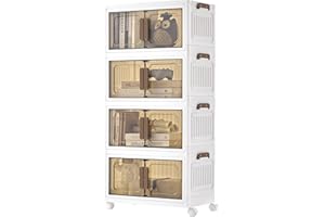 SONGMICS Storage Boxes with Lid, 4-Tier Stackable Organiser with 1 Lid, Plastic Storage Bins on Wheels, Magnetic Door, Home Organisation, White, 25 L per Tier, 100 L Total, RLB445WZ01