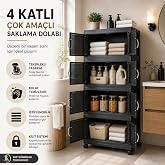 4 Katlı &Ccedil;ok Ama&ccedil;lı Plastik Saklama Dolabı Tekerlekli Kapaklı D&uuml;zenleyici Dolap Siyah