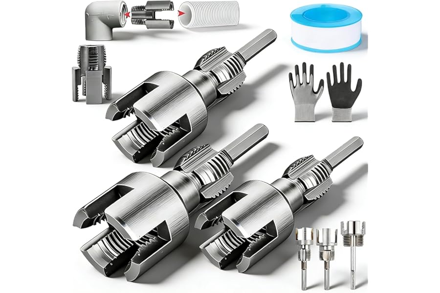 4 in 1 Water Pipe Threader Tool for Electric Drill, 1/2", 3/4", 1" PVC Pipe Threading Kit, Heavy Duty Carbon Steel Pipes Tap Set for Plumbers (1/2"+3/4"+1")