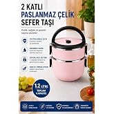 Sas Haus 2 Katlı 1.2 Litre Paslanmaz &Ccedil;elik Sefer Tası Sızdırmaz Kapaklı Yemek Taşıma Kabı Bento Lunch Box 304, Pudra Pembe