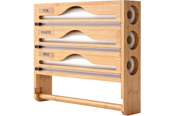 BYZESTY Färskfoliedispenser 4-i-1, plastfoliedispenser med skärare, 35,5 x 29,5 x 7 cm foliedispenser folieskärare av trä, aluminiumfoliedispenser och färskhållning för kök arrangör (natur)