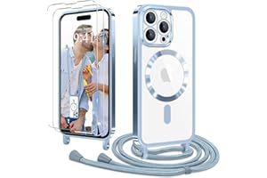 Ethanger Handyband für iPhone 15 Pro Max Hülle mit Band + 2 Stück Glas Schutzfolie Transparent Silikon Handyhülle Magnetische Schutzhülle für iPhone 15 Pro Max Blau