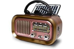 BLIMYSWE Radio Portatil Pequeña, Am/FM/SW Transistores Radio con Panel Solar, Radio Bluetooth Retro Alimentada por Baterías Recargables de 1200mAh o Pilas D, Radio FM Soporta USB/Tarjeta TF/TWS