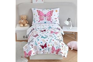 STYHO White Toddler Bedding Set Girls Butterfly Printed Cot Duvet Cover Soft Reversible Colorful Floral Cot Bed Duvet Cover Set for All Seasons(Butterfly, Cot Bed)