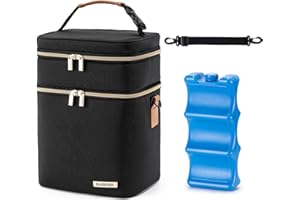 BABEYER Muttermilch-Kühltasche mit Eisbeutel für 6 Babyflaschen bis zu 9 Unzen, auslaufsichere Doppelstock-Babyflaschen-Tasche mit Schulterriemen für stillende und arbeitende Mütter, schwarz
