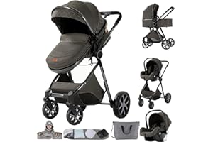 MoLi 3-in-1 Pushchair Set, Reversible Double Sliding Mode, Combination Pram, 3-in-1 Large Comfortable Baby Carrycot, Buggy Frame, Aluminium Alloy, Foldable, High Landscape (225 Dark Grey)