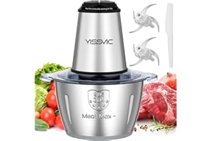 YISSVIC Tritatutto da Cucina Elettrico 2L, 500W, 2 Velocità, 2×4 Lame, Ciotola in Acciaio Inox, Anello Antiscivolo, Lavabile in Lavastoviglie, per Frutta Verdura Carne Spezie